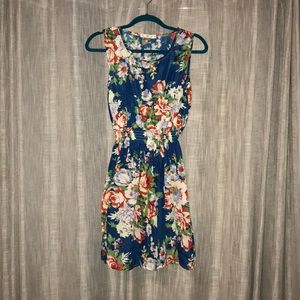 Blue Floral Dress with Elastic Waistline